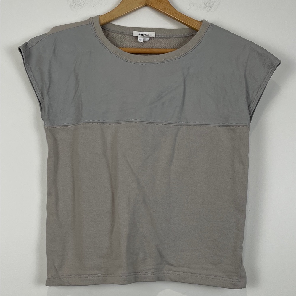 Helmut Lang Two-Tone Gray Short Sleeve Top Women’s Petite Lambskin Leather